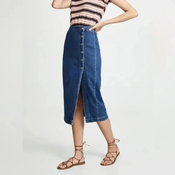 Free People Jasmine Denim Midi Pencil Skirt 1/2 Button Front Slit Boho Size SM